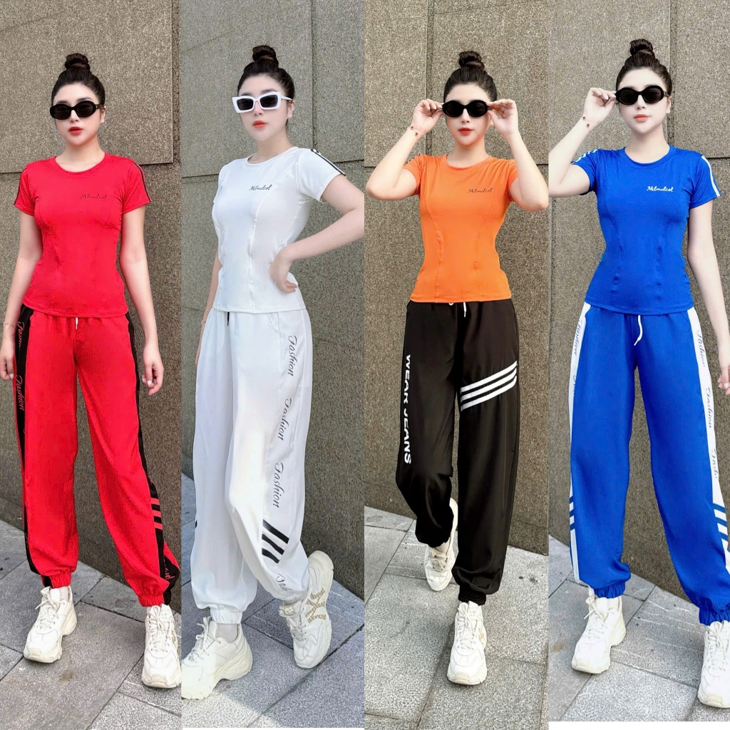 bộ thể thao quần gió áo thun,tập gym zumba dancer (quần fashion+áo mil)
