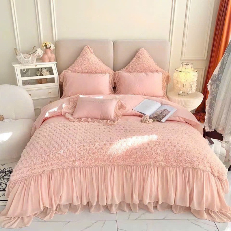 Bộ chăn ga gối lụa ren công chúa (4 màu) - freeship