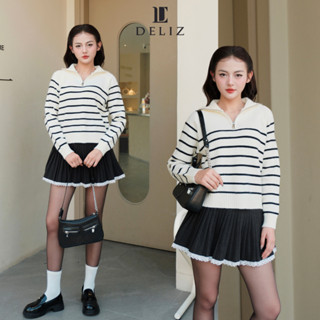 Áo len kẻ ngang đen trắng DELIZ, áo len nữ dài tay basic form rộng kéo khóa