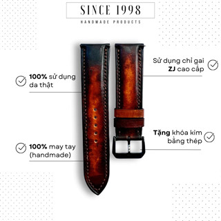 Dây Đồng Hồ Da Bò SINCE 1998 Khâu Tay Thủ Công Chống Nước Màu Nâu Patina Vintage Size 20mm 22mm