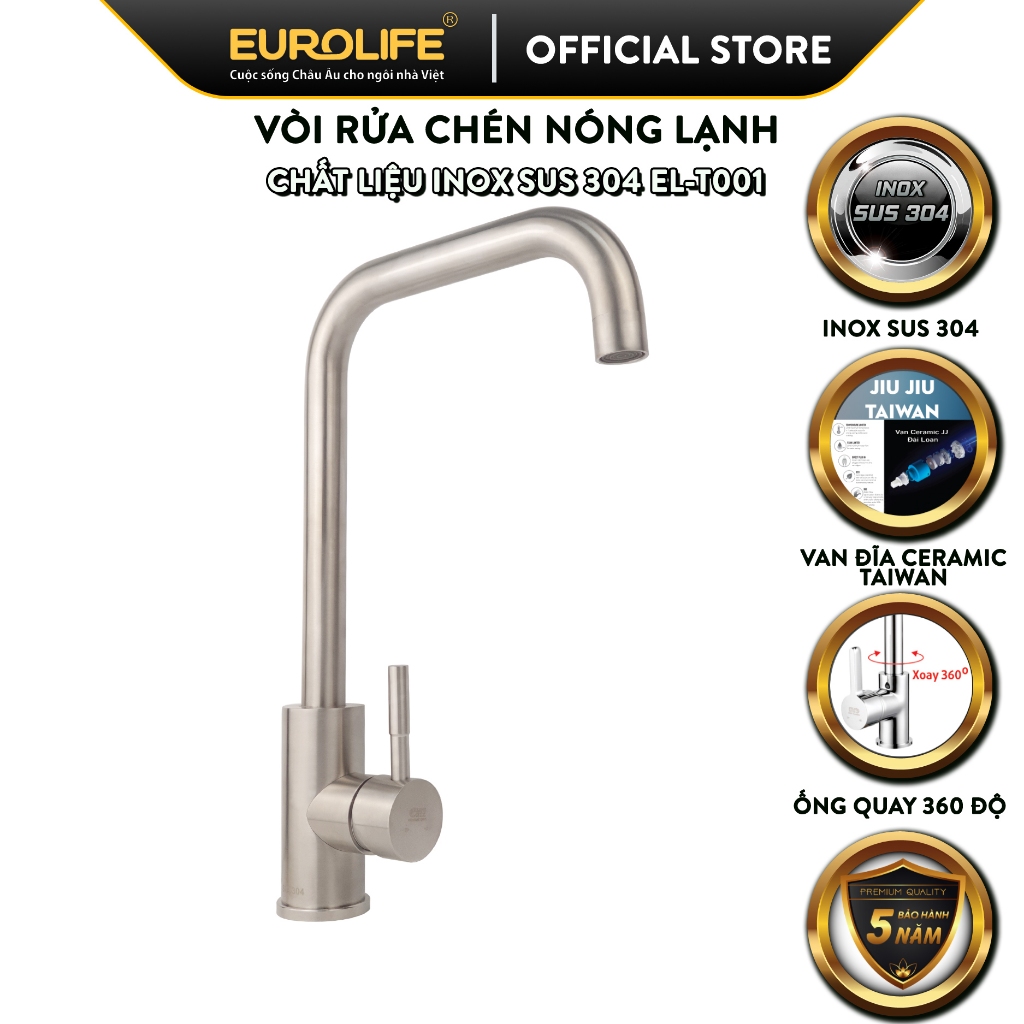 Vòi rửa chén nóng lạnh Inox SUS 304 Eurolife EL-T001 (Trắng bạc)
