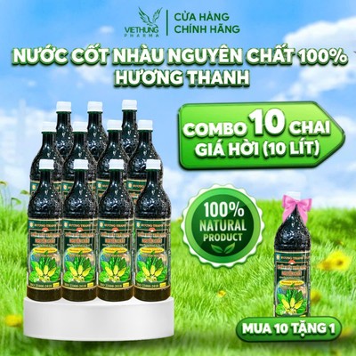 Thùng 10 Chai (Tặng Thêm 1 Chai) Chiết Xuất Trái Nhàu Nguyên Chất 1 Lít, 100% Noni Hương Thanh Chính Hãng, Chai 1 Lít