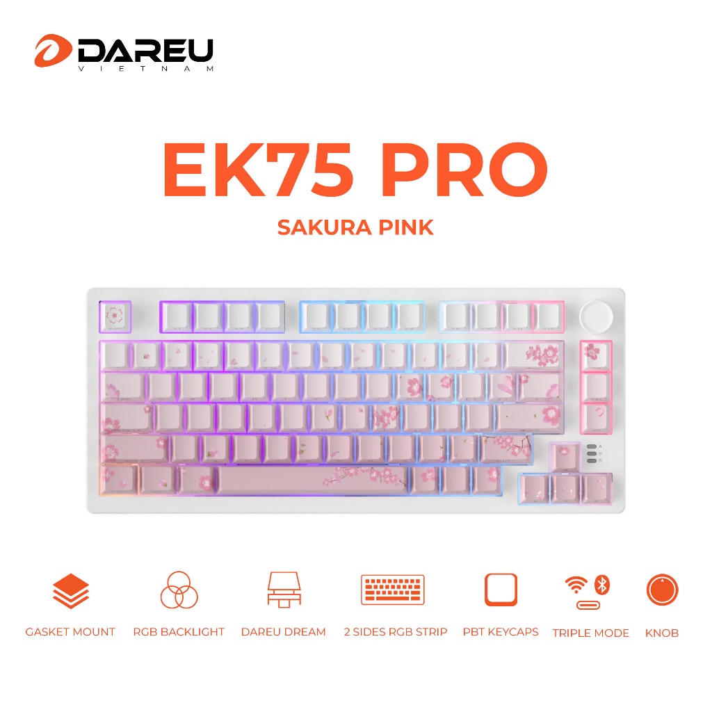 Bàn phím cơ Gaming DAREU EK75 PRO Sakura Pink (TRIPLE MODE: Type-C - Bluetooth - USB 2.4G ) | BigBuy360 - bigbuy360.vn