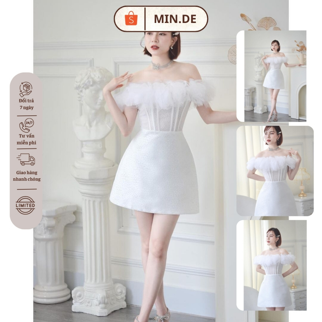 Đầm Trắng Đính Lông Trễ Vai RITARA CLOSET - RITARA-69