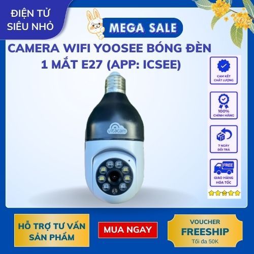 Camera Wi-Fi Yoosee bóng đèn 1 mắt, MÀU ĐEN, chui E27, có màu ban đêm, App:ICSEE