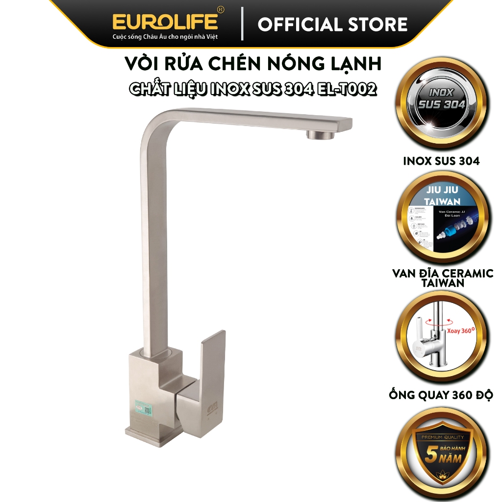 Vòi rửa chén nóng lạnh Inox SUS 304 nguyên khối Eurolife EL-T002 (Trắng vàng)