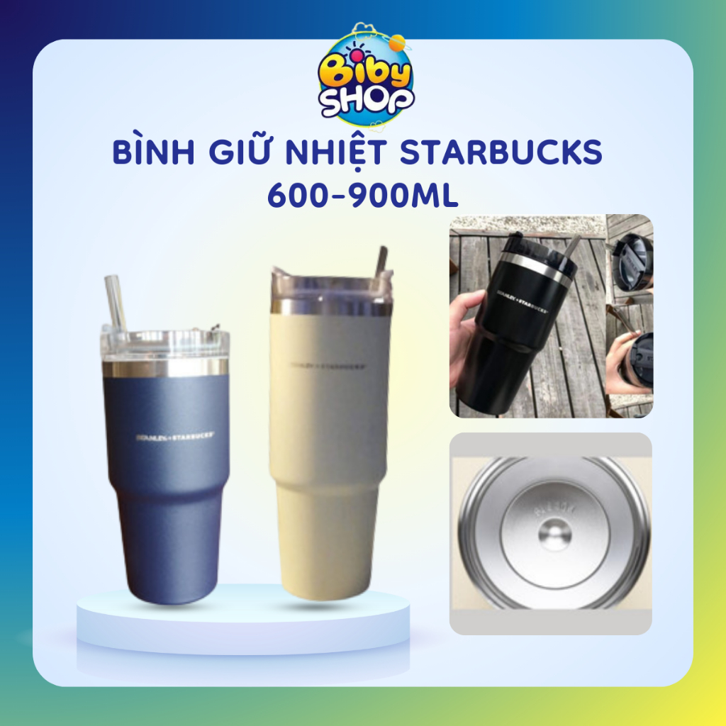 Bình Giữ Nhiệt STARBUCKS BIBY 600/900ml Kèm Ống Hút Nắp Xoay 360 Độ Chống Đổ Nhiều Màu