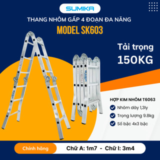 Thang nhôm gấp 4 đoạn SUMIKA SK603, chữ A cao 1.7m, chữ I cao 3.4m, 14 tư thế sử dụng