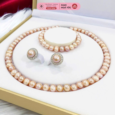 Bộ Trang Sức Ngọc Trai 8ly Màu Hồng Cam 3 Món Phụ Kiện Bạc Sang Trọng - Ngọc Trai Trường Thịnh