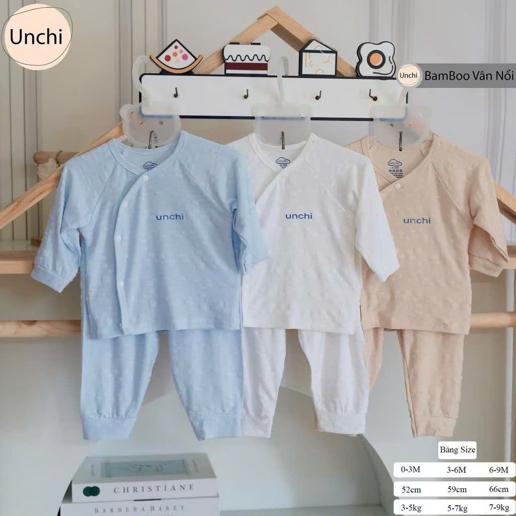 BD38. Bộ Quần Áo Sơ Sinh Unchi Vải Petit Bamboo Vân Nổi Mềm Mỏng Mát Cho Bé Sơ Sinh Từ 3-9kg