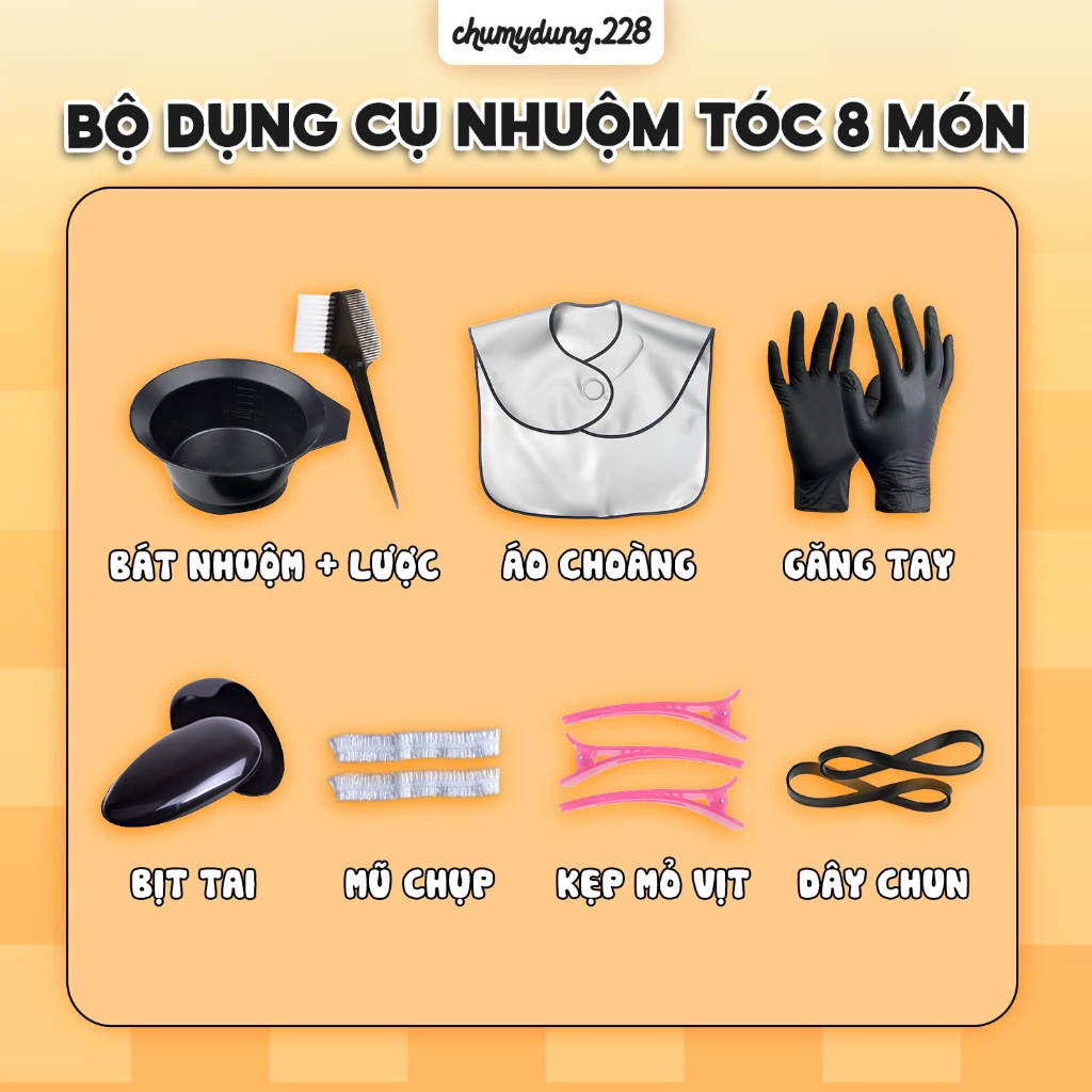 Bộ dụng cụ nhuộm tóc tóc 8 món lược nhuộm bát nhuộm găng tay nhuộm áo choàng nhuộm dây chun kẹp mỏ vịt