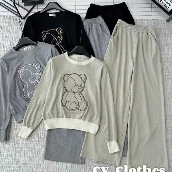 bộ quần áo thu đông nữ,áo mùa đông thêu hình gấu mix quần ống rộng nữ L201