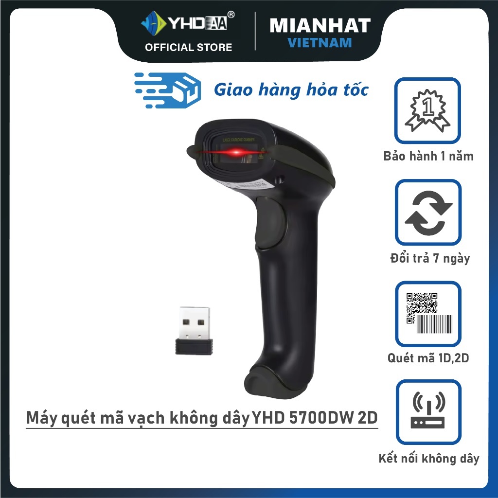 Máy quét mã vạch không dây YHD 5700DW 2D, Máy bắn mã vạch Barcode(1D), Qrcode(2D) không dây USB dùng