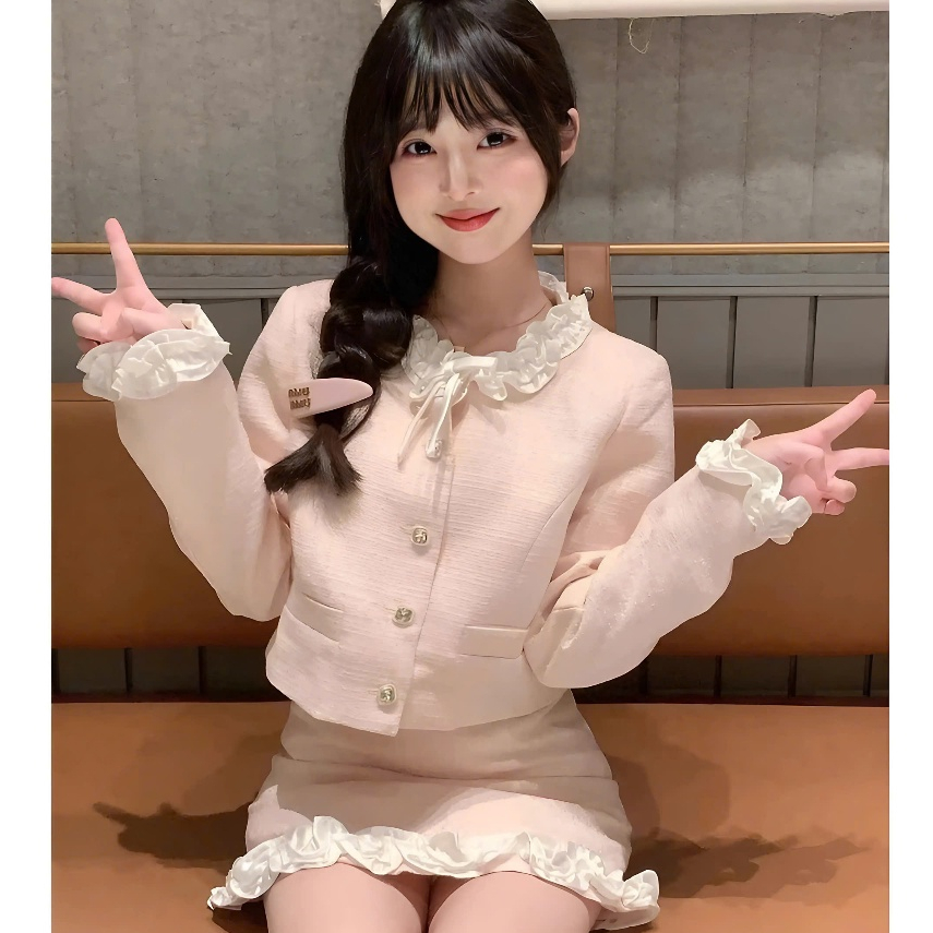 Set Tiểu Thư 2 Món Gồm Áo Dạ Phối Viền Bèo + Chân Váy Dạ Dáng Chữ A Có Quần Trong | BigBuy360 - bigbuy360.vn