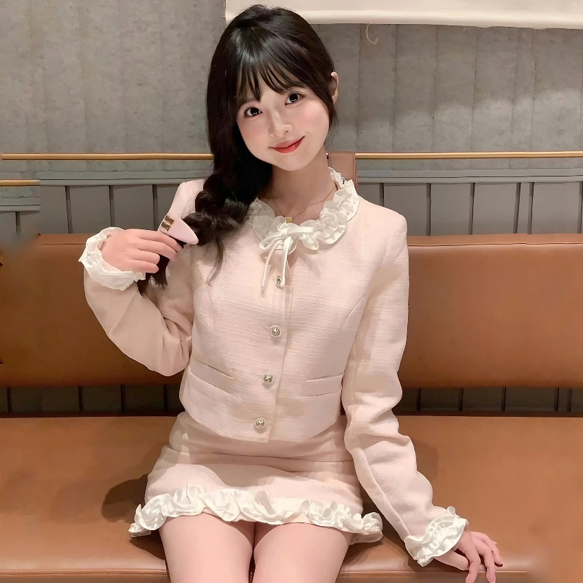 Set Tiểu Thư 2 Món Gồm Áo Dạ Phối Viền Bèo + Chân Váy Dạ Dáng Chữ A Có Quần Trong | BigBuy360 - bigbuy360.vn