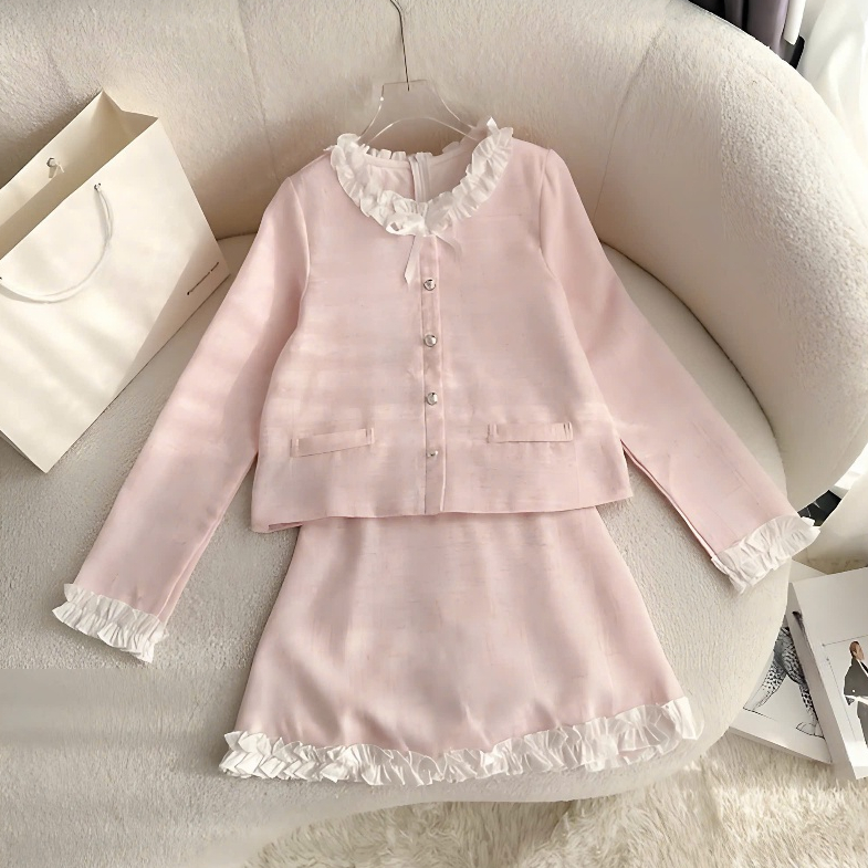 Set Tiểu Thư 2 Món Gồm Áo Dạ Phối Viền Bèo + Chân Váy Dạ Dáng Chữ A Có Quần Trong | BigBuy360 - bigbuy360.vn