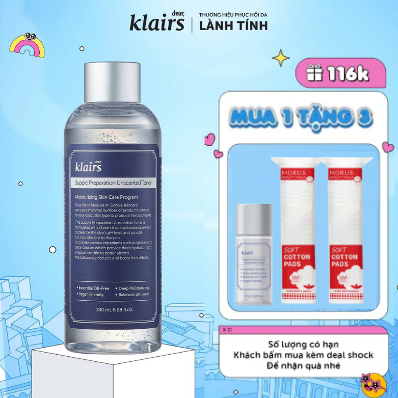 Dear, Klairs Nước hoa hồng Supple Preparation Unscented Toner 180ml - Qùa tặng áp dụng trong Livestr