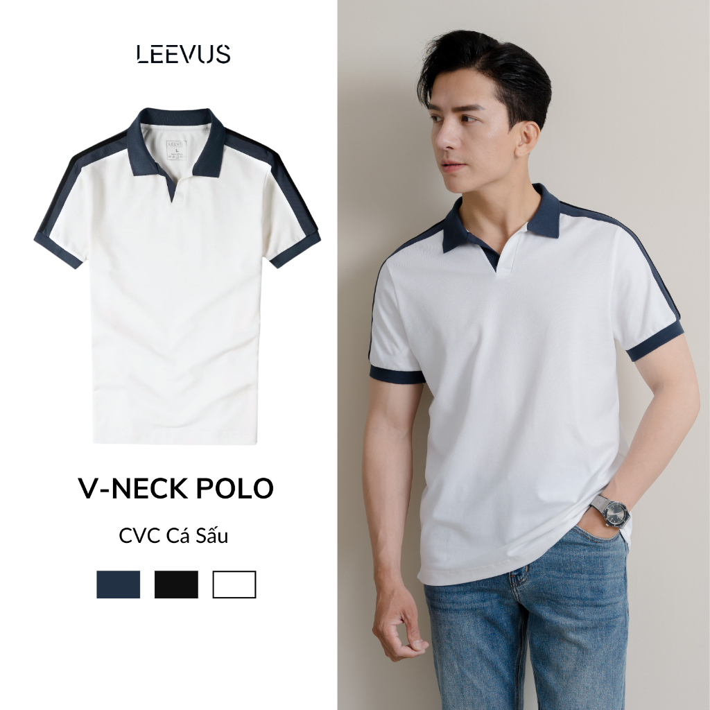 Áo Polo nam V-NECK LEEVUS phối bo, vải CVC cá sấu, form regular APL318