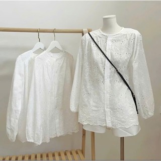 Áo sơ mi nữ dài tay chất vải thô boi ren hoa tay bồng xinh, Áo sơ mi trắng Ren Hoa Vintage  - Molly House Store