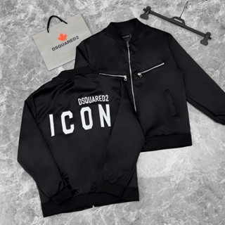 Áo khoác bomber gió nam nữ Dsq2 hai bên ngực dệt khoá zip chéo lưng in chữ icon trắng