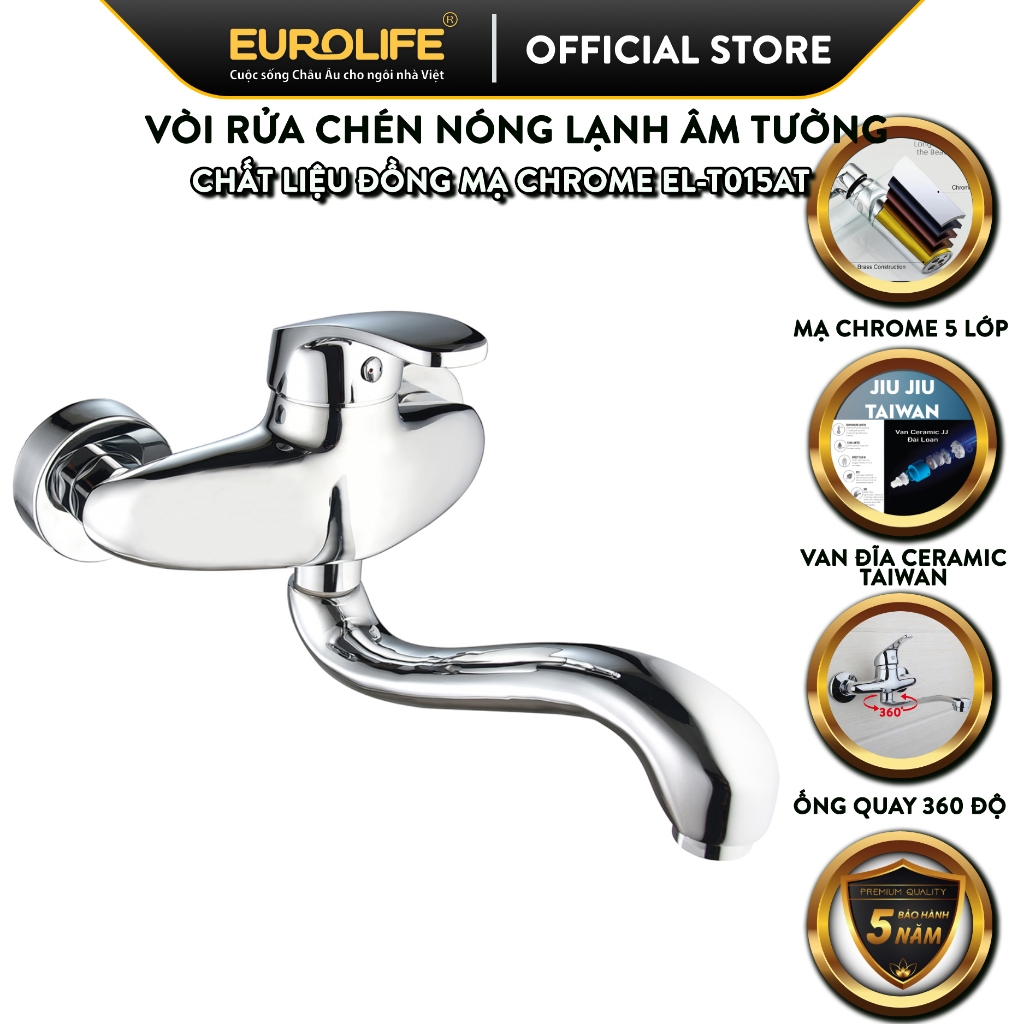 Vòi rửa chén âm tường nóng lạnh Đồng mạ Chrome Eurolife EL-T015AT (Trắng bạc)