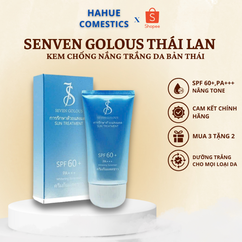 Kem chống nắng trắng da SEVEN GOLOUS 60g hàng Nội Địa Thái Lan với SPF 60+ PA++++ da sáng rạng rỡ