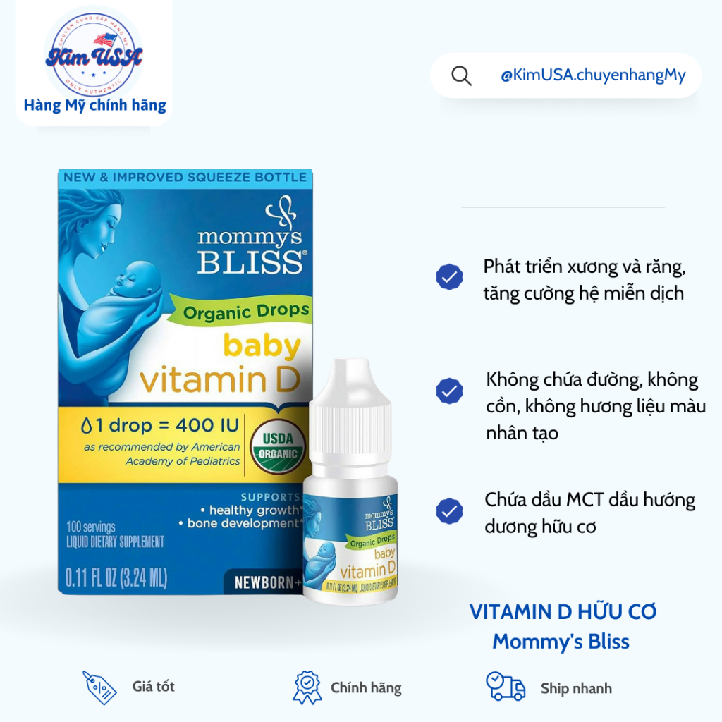 [Hàng Mỹ] Vitamin D3 hữu cơ Mommy's Bliss 3.24ml 100 giọt