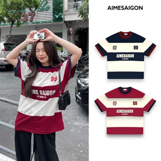 Áo Thun Form Rộng Aimé Cotton Tay Lỡ Phối Bo Cổ Sọc Ngang Thể Thao Unisex Nam Nữ - Aimesaigon Menswear Cổ Tròn