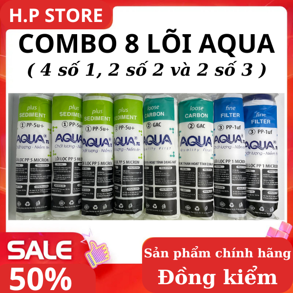Lõi lọc nước AQUA 123. Bao gồm 4 lõi số 1, 2 lõi số 2 và 2 lõi số 3.
