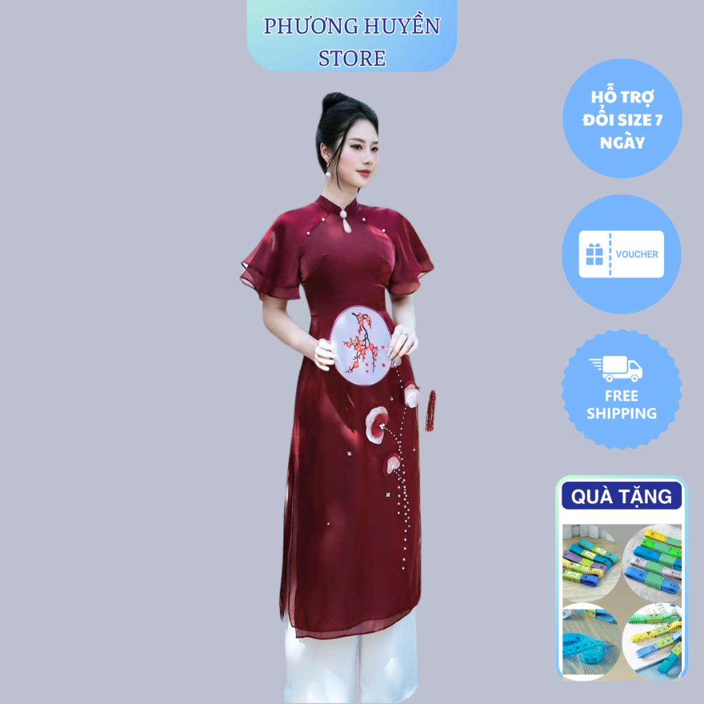 Áo Dài Cách Tân , Áo Dài 4 Tà màu đỏ m lớp ngoài tơ óng đính kết thủ công tay cánh tiên Áo dài phương huyền