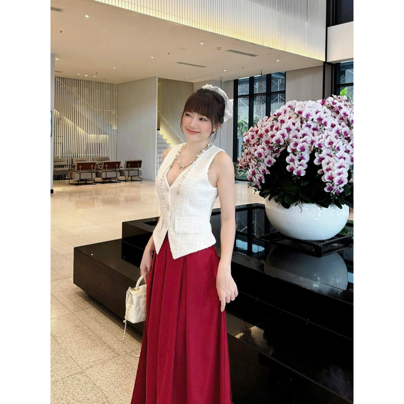 SET DẠ TRẮNG CỔ YẾM TÚI NẮP + CHÂN VÁY MIDI ĐỎ XOÈ