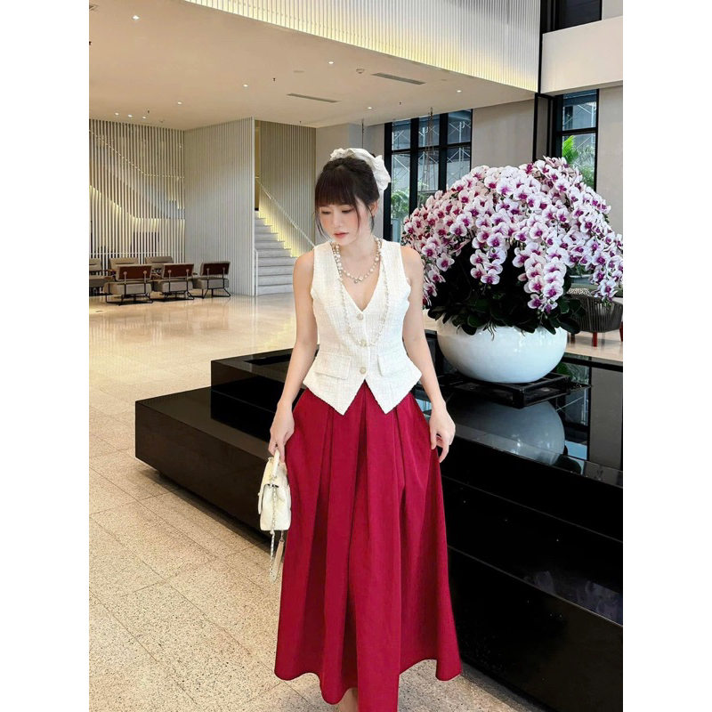 SET DẠ TRẮNG CỔ YẾM TÚI NẮP + CHÂN VÁY MIDI ĐỎ XOÈ