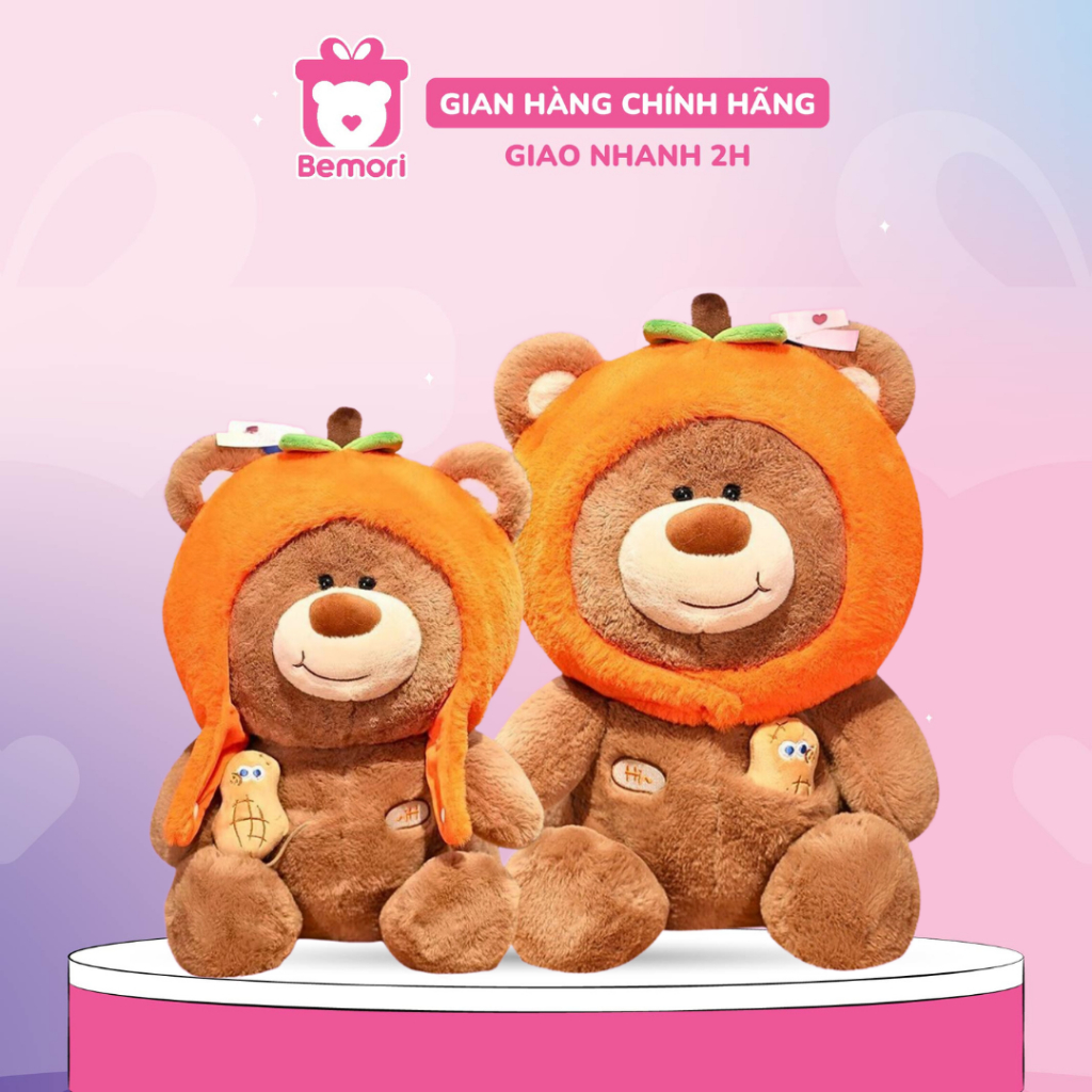 Gấu Bông Gấu Nâu Ruyi Đội Mũ Quả Hồng Cùng Pet Đậu Phộng Cute Dễ Thương - Bemori.official