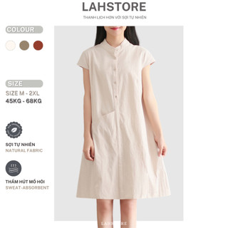 Đầm suông đũi LAHSTORE cổ trụ tay hến phối túi bên hông DS05 (Trắng Kem, Rêu Nhạt, Cam Đất)