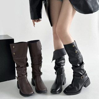 Giày boot đùi nữ cao bồi đế 5p mũi tròn cổ điển khuy hông Eudora899 B226