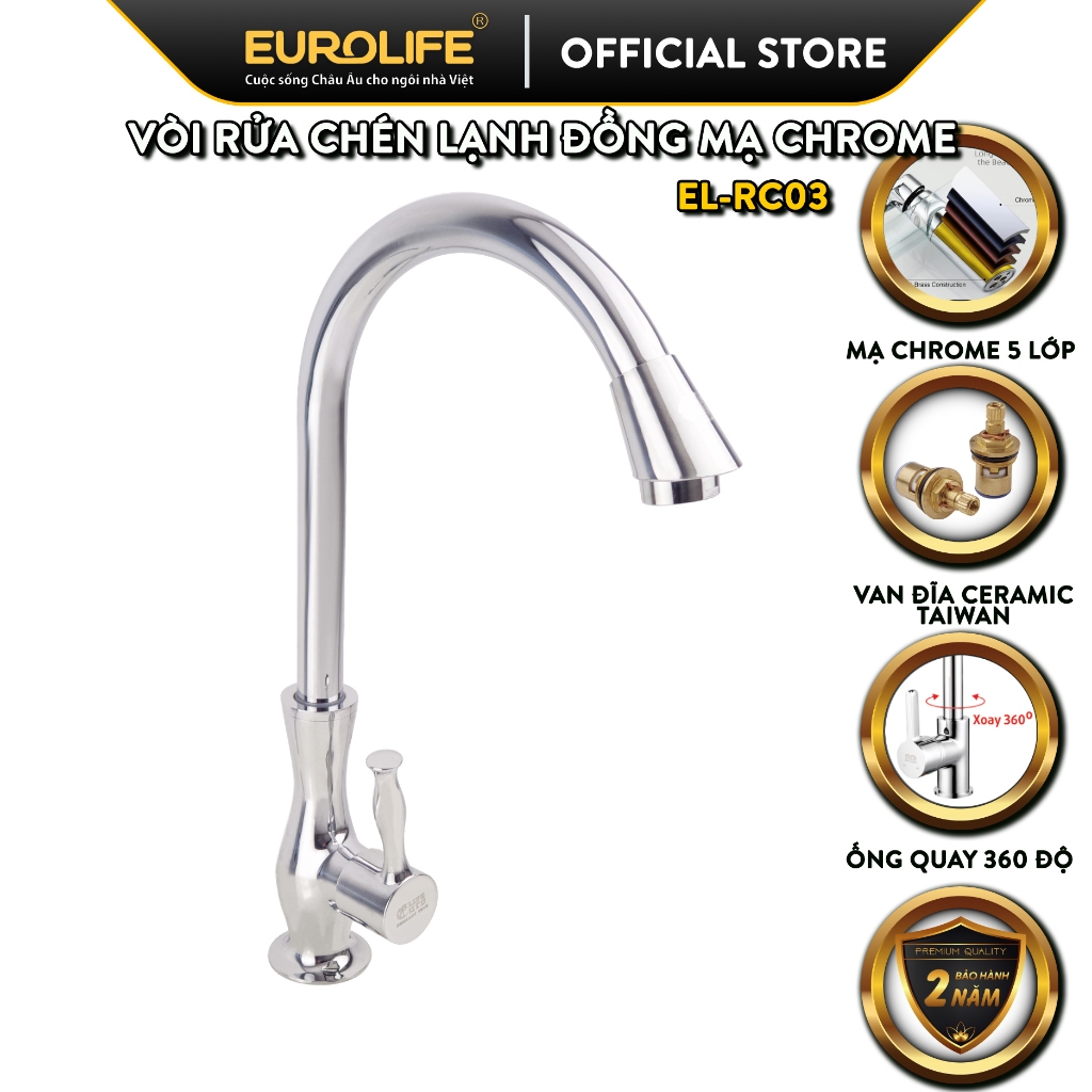 Vòi rửa chén lạnh Đồng mạ Chrome Eurolife EL-RC03 (Trắng bạc)