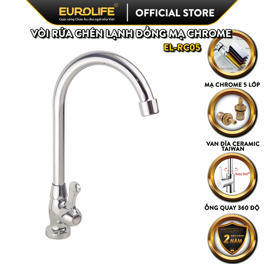 Vòi rửa chén lạnh Đồng mạ Chrome Eurolife EL-RC05 (Trắng bạc)