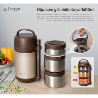 Bộ hộp cơm giữ nhiệt Kaiyo màu nâu đồng siêu xinh dung tích 1600ml thiết kế 2 tầng nhiệt - đi kèm đũa inox 304