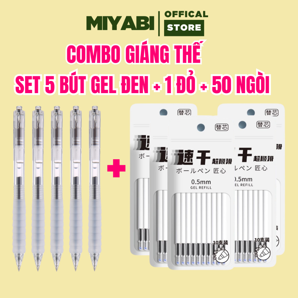 COMBO GIÁNG THẾ Bút Gel Bấm Ngòi 0.5mm Set 5 Bút Đen + 1 Bút Đỏ + 50 Ngòi , bút bi nước học sinh