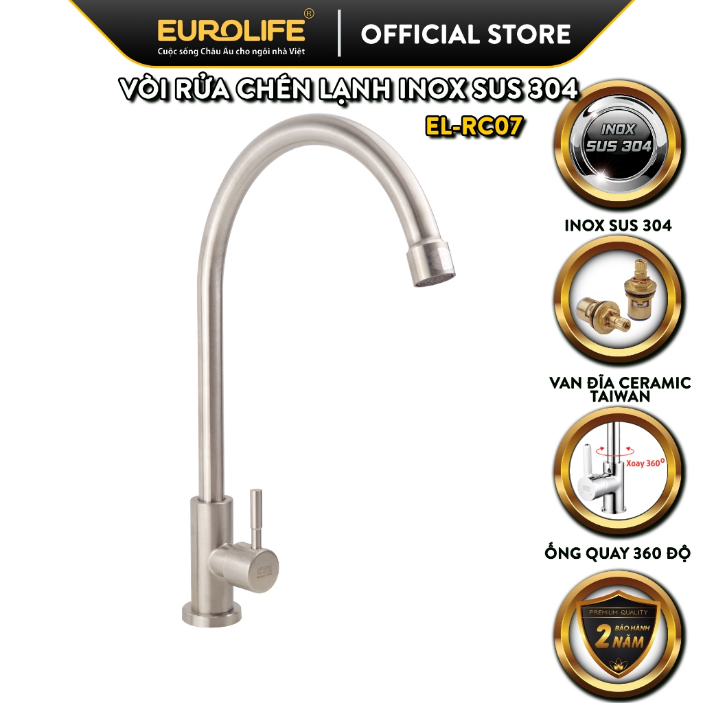 Vòi rửa chén lạnh Inox SUS 304 Eurolife EL-RC07 (Trắng vàng)