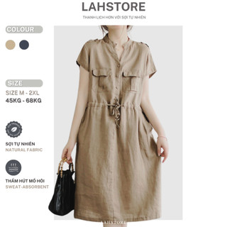 Đầm linen suông LAHSTORE cộc tay, cổ V túi hộp dây thắt eo DS15 (Be Khaki, Xanh Than)