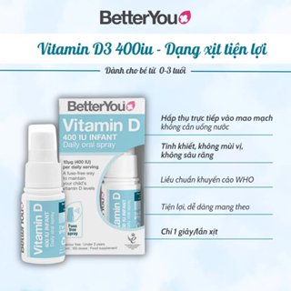 Vitamin D3 BetterYou 400IU dạng xịt, D3 thuần cho trẻ sơ sinh 15ml hỗ trợ miễn dịch tốt, ngăn ngừa tình trạng còi xương