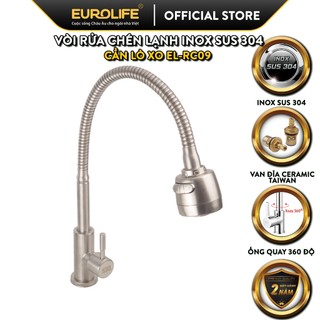 Vòi rửa chén lạnh inox sus 304, cần lò xo eurolife el-rc09 bảo hành 2 năm