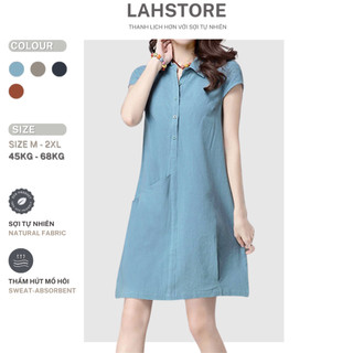 Đầm suông cổ sơ mi LAHSTORE vải đũi thô túi bên hông trẻ trung sang trọng DS03 (Xanh Dương, Cam)