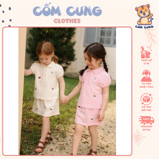 Set Áo Polo Và Chân Váy Full Hoạ Tiết Chó Thêu Dành Cho Bé Gái, Bộ Đồ Mùa Hè Thoáng Mát, Vải Chính Phẩm Cotton Loại 1