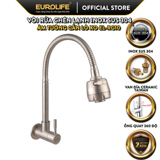 Vòi rửa chén lạnh âm tường, cần lò xo inox sus 304 eurolife el-rc10