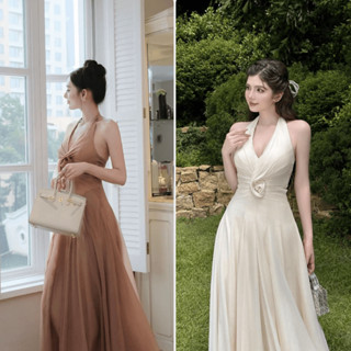 Đầm váy cổ yếm dáng dài phối hoa ngực chân váy xòe bồng hàng 2 lớp sang chảnh Hb.closet D180