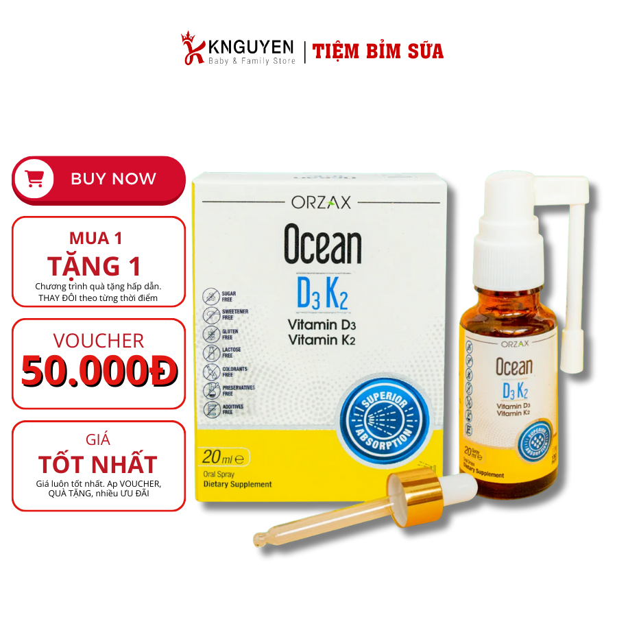 OCEAN D3 K2 BỔ SUNG VITAMIN D3 VÀ VITAMIN K2 XỊT VÀ NHỎ CHO BÉ