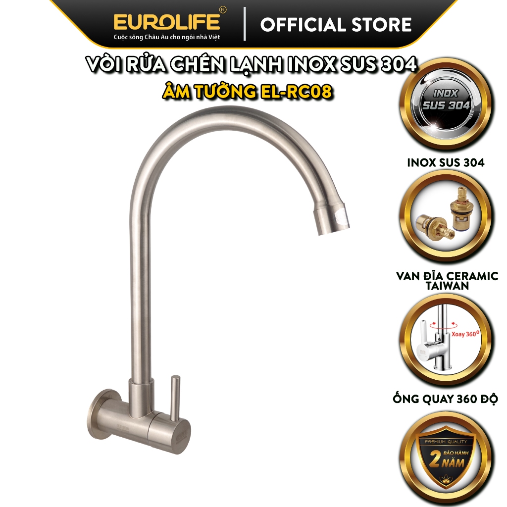 Vòi rửa chén lạnh âm tường Inox SUS 304 Eurolife EL-RC08 (Trắngvàng)