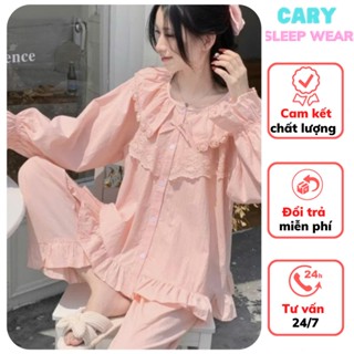 Bộ đồ ngủ dài tay chất đũi gân cổ bèo ren cao cấp mặc ở nhà thu đông cho nữ kiểu dáng babydoll tiểu thư sang chảnh CARY